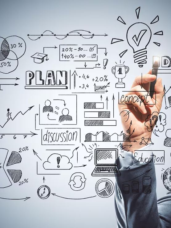 Business planning sketch: concept, plan, and ideas on a whiteboard